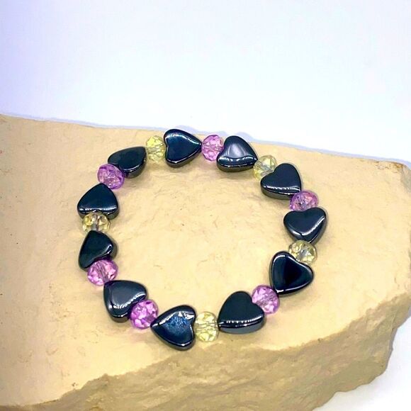 ✨🆕✨ Natural Stones Black Hematite Heart Purple + Iridescent Spacers Bracelet✨ - Picture 3 of 15